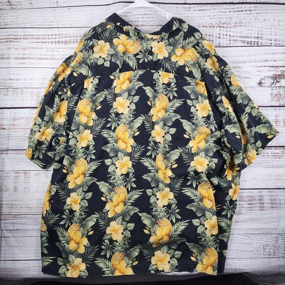 Tommy Bahama 3XB Silk Hawaiian Shirt Black Yellow Hibiscus Pineapple Island - Picture 2 of 7